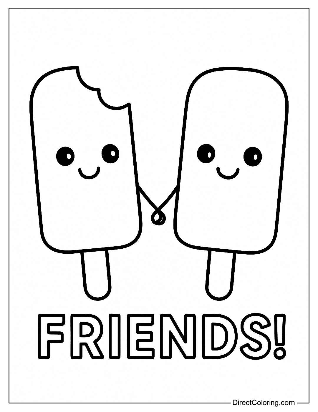 a coloring page of two personified ice creams, holding hands, smiling faces.
